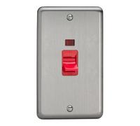 Varilight 45A Cooker Switch + Neon (Vertical Twin Plate, Red Rocker) Matt Chrome Xs45N