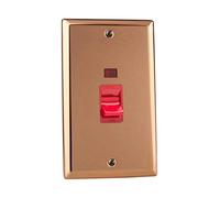 Varilight 45A Cooker Switch + Neon (Vertical Twin Plate, Red Rocker) Polished Copper