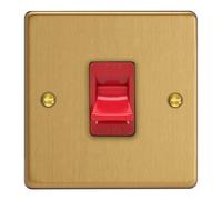 Varilight 45A Cooker Switch (Single Plate, Red Rocker) Brushed Brass