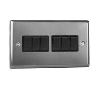 VARILIGHT Brushed Steel Classic 6-Gang 10A 1- or 2-Way Rocker Switch (Twin Plate) XT96B
