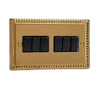 Varilight 6-Gang 10A 1- or 2-Way Switch Classic Georgian Brass with Black Rockers