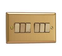 Varilight 6-Gang Rocker Light Switch 2-Way - Classic Brushed Brass With Polished Brass Rockers, Xb96D