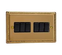 Varilight 6-Gang Rocker Light Switch 2-Way - Classic Georgian Brass With Black Rockers, Xg96B