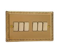 Varilight 6-Gang Rocker Light Switch 2-Way - Classic Georgian Brass With Polished Brass Rockers, XG96D