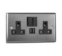 Varilight 2-Gang 13A Single Pole Switched Socket + 2x5V DC 2100mA USB Charging Ports Brushed Steel