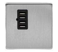 VARILIGHT - Brushed Steel - Screwless - 4-Gang 24W Shared USB A Charging Port (Single Plate) - XDSU4BS