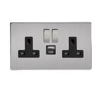 Varilight Flat Plate Screwless Brushed Steel 2-Gang 13A Single Pole Switched Socket with 1x USB A & 1x USB C Charging Ports with Black Inserts