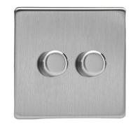 Varilight Brushed Steel Screwless, LED Dimmer Switch - V-Pro Series, 2 Gang (Single), 1 or 2 Way, 250 Watt (Trailing Edge)