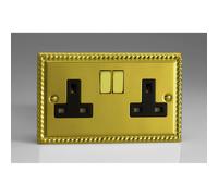 Varilight Classic Georgian Brass 2-Gang 13A Plug Socket Decorative & Black In in Yellow Varilight Yellow
