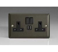 Varilight Classic Graphite 2-Gang 13 Amp Socket + 2X Usb Charging Port Black Inserts & Black Switches
