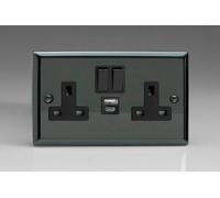 Varilight Classic Iridium Black 2-Gang 13A Single Pole Switched Socket with 1x USB A & 1x USB C Charging Ports
