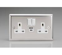 Varilight Classic Mirror Chrome 2-Gang 13A Single Pole Switched Socket with 1x USB A & 1x USB C Charging Ports with White Inserts