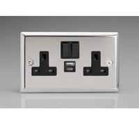 Varilight Classic Mirror Chrome 2-Gang 13A Single Pole Switched Socket with 1x USB A & 1x USB C Charging Ports with Black Inserts