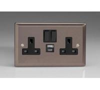 Varilight Classic Pewter 2-Gang 13A Single Pole Switched Socket with 1x USB A & 1x USB C Charging Ports