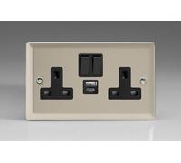 Varilight Classic Satin Chrome 2-Gang 13A Single Pole Switched Socket with 1x USB A & 1x USB C Charging Ports with Black Inserts