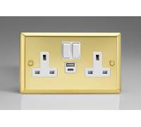 Varilight Classic Victorian Brass 2-Gang 13A Single Pole Switched Socket with 1x USB A & 1x USB C Charging Ports with White Inserts