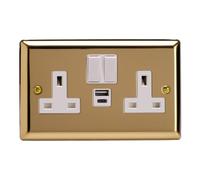 Varilight Classic Victorian Brass 2-Gang 13A Single Pole Switched Socket with 1x USB A & 1x USB C Charging Ports with White Inserts