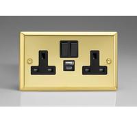 Varilight Classic Victorian Brass 2-Gang 13A Single Pole Switched Socket with 1x USB A & 1x USB C Charging Ports with Black Inserts