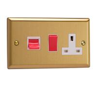 Varilight Cooker Switch With Switched Socket Outlet - Classic Brushed Brass With White/red Insert, Xb45Pw