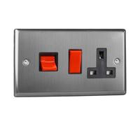 Varilight 45A Cooker Panel with 13A Double Pole Switched Socket Outlet (Red Rocker) Brushed Steel