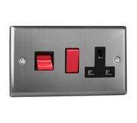 Varilight 45A Cooker Panel with 13A Double Pole Switched Socket Outlet (Red Rocker) Brushed Steel