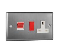 VARILIGHT | Brushed Steel | Classic | 45A Cooker Panel with 13A Double Pole Switched Socket Outlet (Red Rocker) | XT45PW