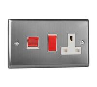 VARILIGHT | Brushed Steel | Classic | 45A Cooker Panel with 13A Double Pole Switched Socket Outlet (Red Rocker) | XT45PW