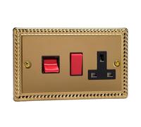 Varilight 45A Cooker Panel with 13A Double Pole Switched Socket Outlet (Red Rocker) Classic Georgian Brass with Black/Red Insert