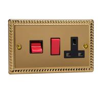 Varilight 45A Cooker Panel – 13A Double-Pole Switched Socket (Red Rocker) – Classic Georgian Brass