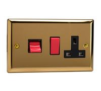 Varilight Cooker Switch With Switched Socket Outlet - Classic Victorian Brass With Black/red Insert, Xv45Pb