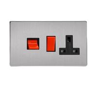 Varilight Cooker Switch With Switched Socket Outlet - Screwless Brushed Steel With Black/Red Insert, XDS45PBS