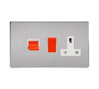 Varilight Cooker Switch With Switched Socket Outlet - Screwless Brushed Steel With White/Red Insert, XDS45PWS