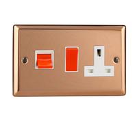 Varilight 45A Cooker Panel with 13A Double Pole Switched Socket Outlet (Red Rocker) Polished Copper