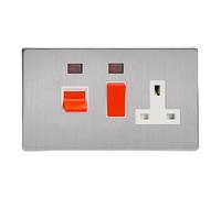 Varilight Cooker Switch With Switched Socket Outlet With Neon - Screwless Brushed Steel With White/Red Insert, XDS45PNWS