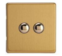 Varilight Double Impulse Light Switch 2-Way - Screwless Brushed Brass With Polished Brass Buttons, Xdbp2S