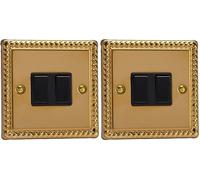 Varilight Double Light Switch 2-Way - Classic Georgian Brass With Black Rockers (Pack of 2)