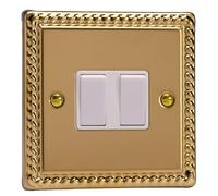 Varilight 2-Gang (10A Intermediate Switch + 10A 1- or 2-Way Switch) Classic Georgian Brass with White Rockers
