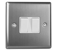 Varilight 2-Gang Rocker Light Switch Xt2W - 10A 1- or 2-Way - Brushed Steel with White Rockers