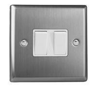 Varilight 2-Gang Rocker Light Switch Xt2W - 10A 1- or 2-Way - Brushed Steel with White Rockers