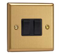 Varilight Double Rocker Light Switch 2-Way & Intermediate - Classic Brushed Brass With Black Rockers, Xb71B