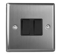 Varilight Double Rocker Light Switch 2-Way & Intermediate - Classic Brushed Steel With Black Rockers, XT71B
