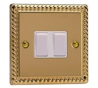 Varilight 2-Gang Switch - 10A Intermediate + 10A 1/2-Way - Classic Georgian Brass, White Rockers