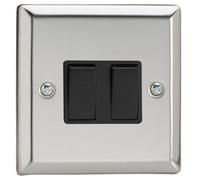 Varilight Double Rocker Light Switch 2-Way & Intermediate - Classic Mirror Chrome With Black Rockers, Xc71B