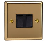 Varilight Double Rocker Light Switch 2-Way & Intermediate - Classic Victorian Brass With Black Rockers, Xv71B