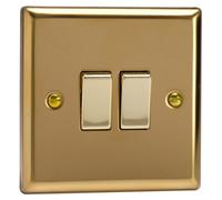 Varilight Double Rocker Light Switch 2-Way & Intermediate - Classic Victorian Brass With Polished Brass Rockers, Xv71D