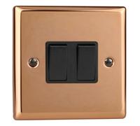 Varilight Double Rocker Light Switch 2-Way & Intermediate - Urban Polished Copper With Black Rockers, Xy71B.cu