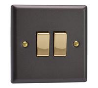 Varilight XY2V.SL Double Light Switch, 10A, 2-Gang, 2-Way, Vogue Slate + Brass Insert