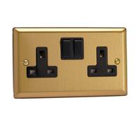 Varilight XB5B 13A Socket, 2-Gang, 2 Pole, Classic Brushed Brass + Black Insert