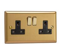 Varilight Double Switched Plug Socket - Classic Brushed Brass With Brass/black Insert, Xb5Db