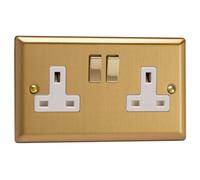 Varilight XB5DW 13A Socket, 2-Gang, 2 Pole, Classic Brushed Brass + Brass/White Insert